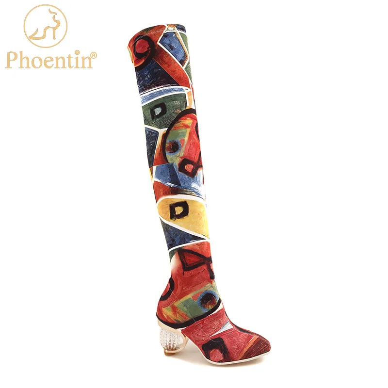 Phoentin Красочные Окрашенные сапоги женские Стрейчевые ткани 2020 ретро с