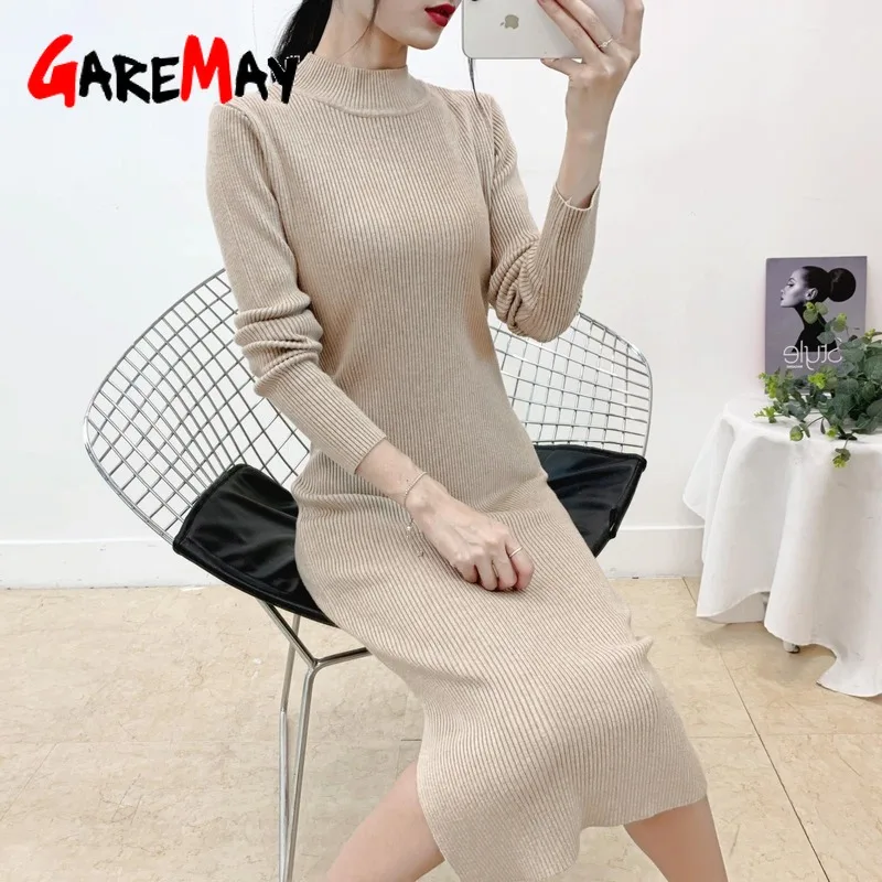 Элегантное платье свитер из органической кожи Женское зимнее теплое трикотажное