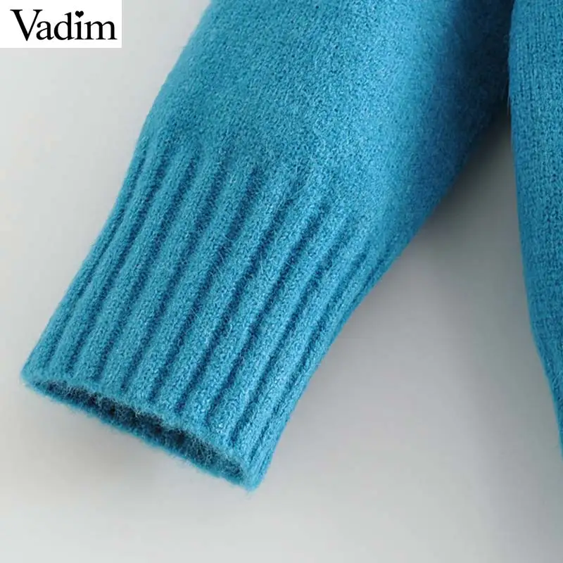 Vadim women elegant blue knitted sweaters stand collar long sleeve stretchy loose pullovers female casual warm basic tops HA616 | Женская