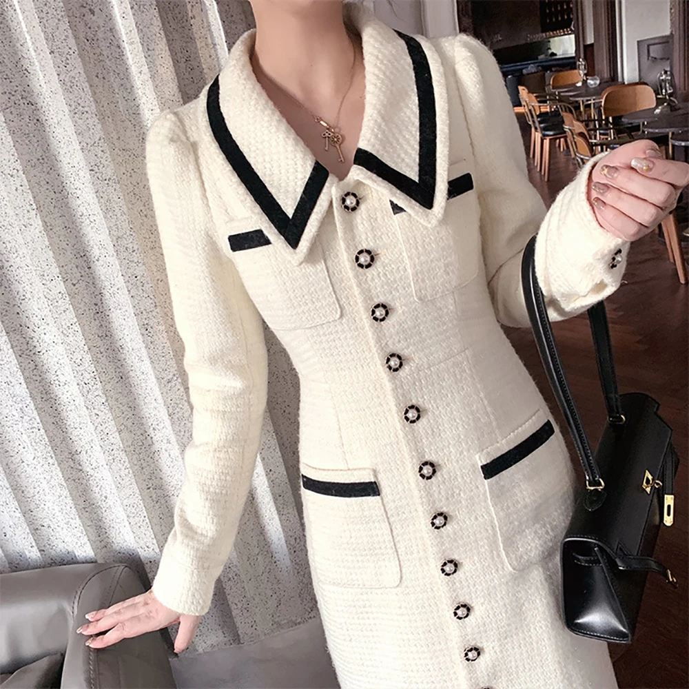 

Sweet Elegant Patchwork Pearl Button Up Collared Midi Dress Woman Fashion Casual With Pocket Long Sleeve Dresses For Women 2021