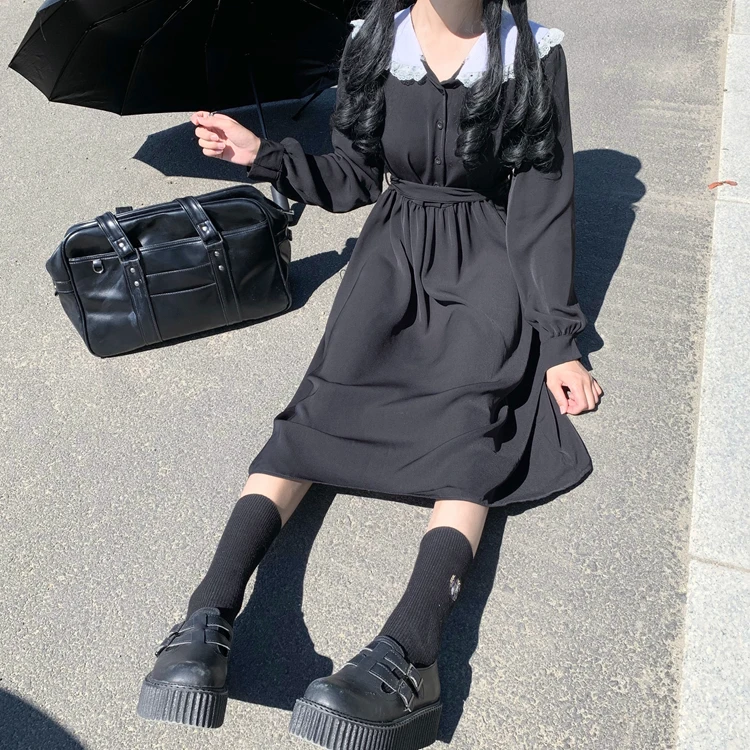 

Kawaii Black Dress White Neck Uniform Lovely Girl Skirt Lolita Women Summer Dress JK Sweet Girl Loose Vetidos Vintage Clothes