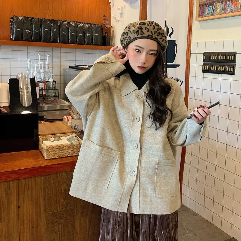 

Women Wool Blends Coats Solid Elegant Lovely Loose Korean Style Female Leisure Chic Trendy Simple Warm High Quality Trendy New