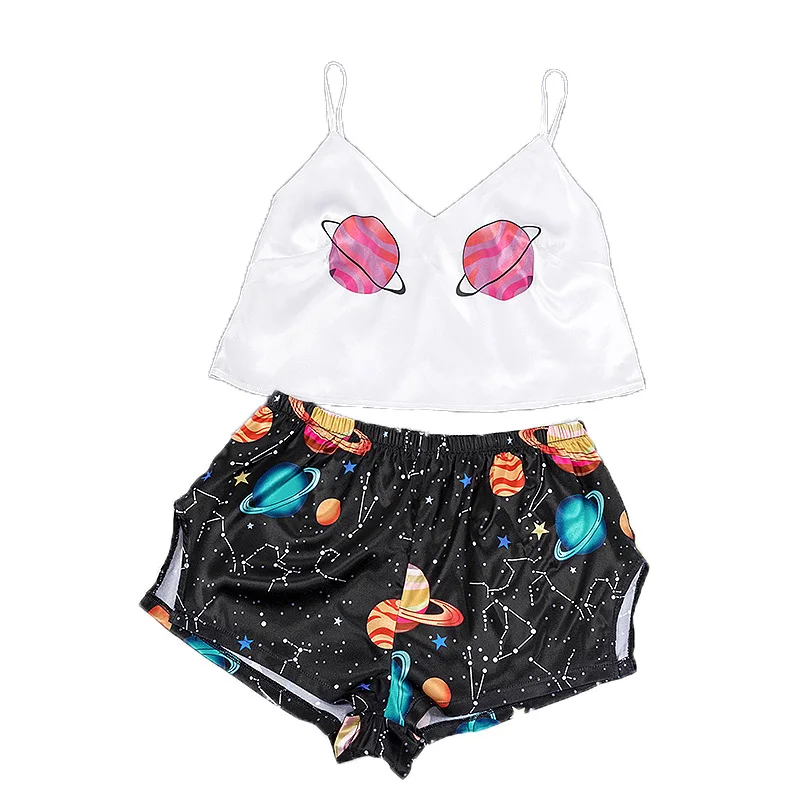 

2021 V-Neck Sexy Silk Pyjamas Women Space Jupiter Print Sleepwear Shorts Pattern Pajamas Faux Silk V Neck Sexy Sleepwear