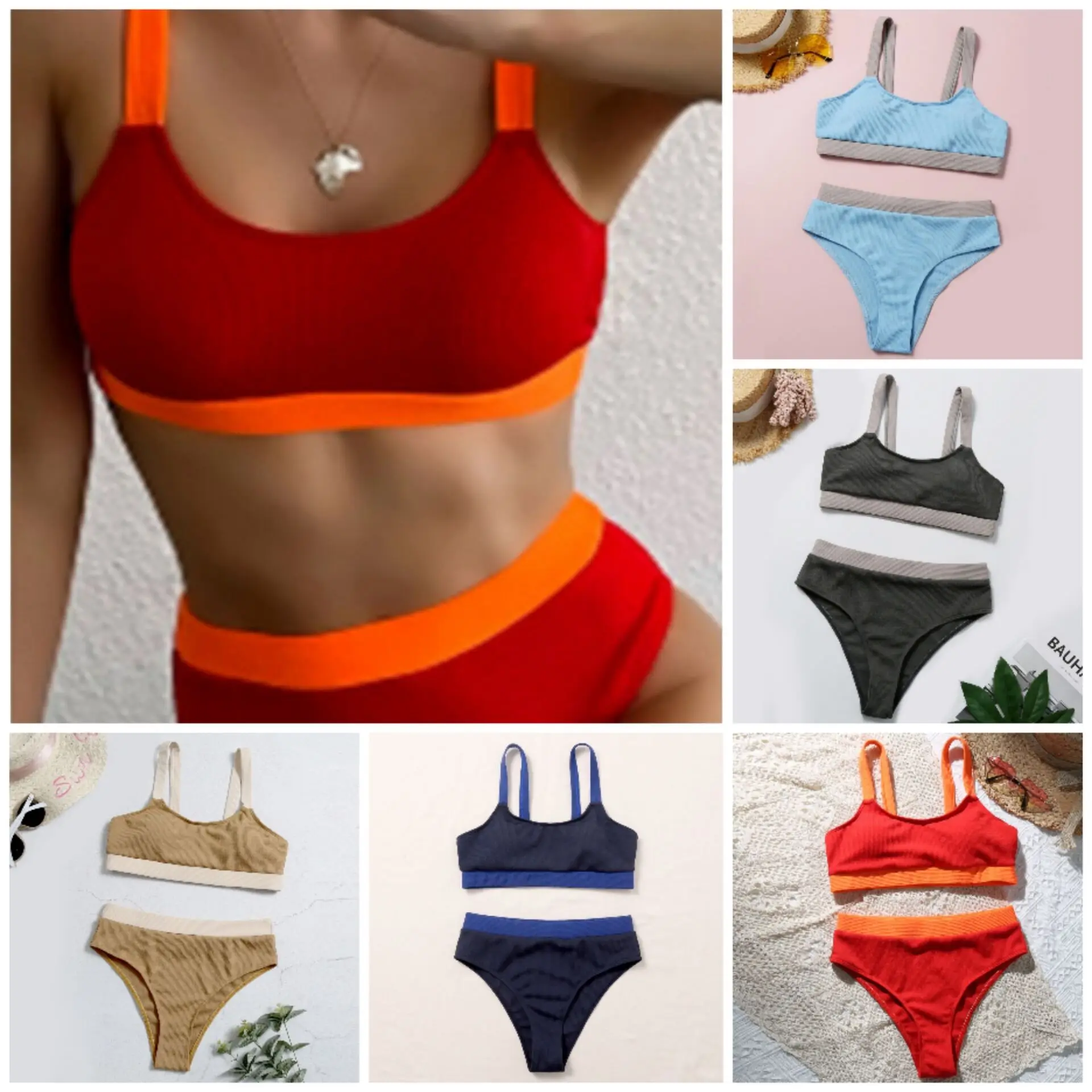 

Women High Waisted Bikini Set Sports Color Block Swimsuit Scoop Neck Cheeky Bathing Suit Padded Bikinis