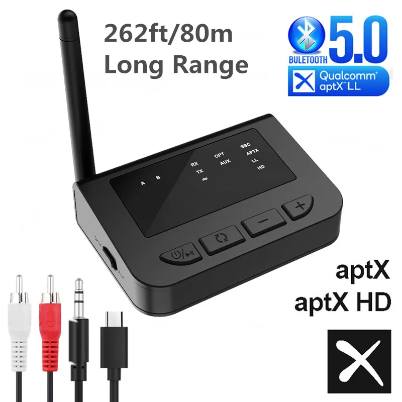Приемник передатчик Bluetooth 5 0 дальность 80 м низкая задержка aptX HD Spdif RCA разъем AUX 3 мм