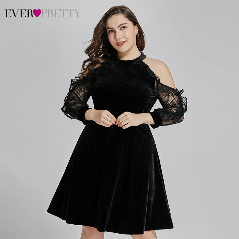 Сексуальные Короткие вечерние платья Ever Pretty AS05896 Холтер А-силуэта длинный кружевной рукав велюр вечерние платья Abiye Gece Elbisesi - Цвет: Black