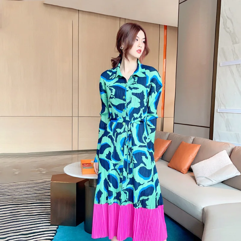 Женское плиссированное платье LANMREM Повседневное с отложным воротником и длинным