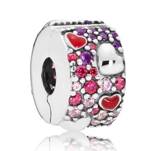 

Genuine 925 Sterling Silver Charm Asymmetric Hearts Of Love With Crystal Clip Stopper Beads Fit Pan Bracelet Diy Jewelry
