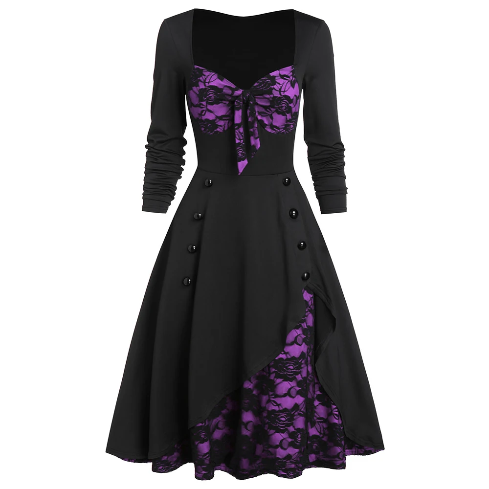 Wipalo Elegant Dress Women Party 2020 New Flower Lace Insert Mock Button Bowknot Vintage Spring Vestidos | Женская одежда