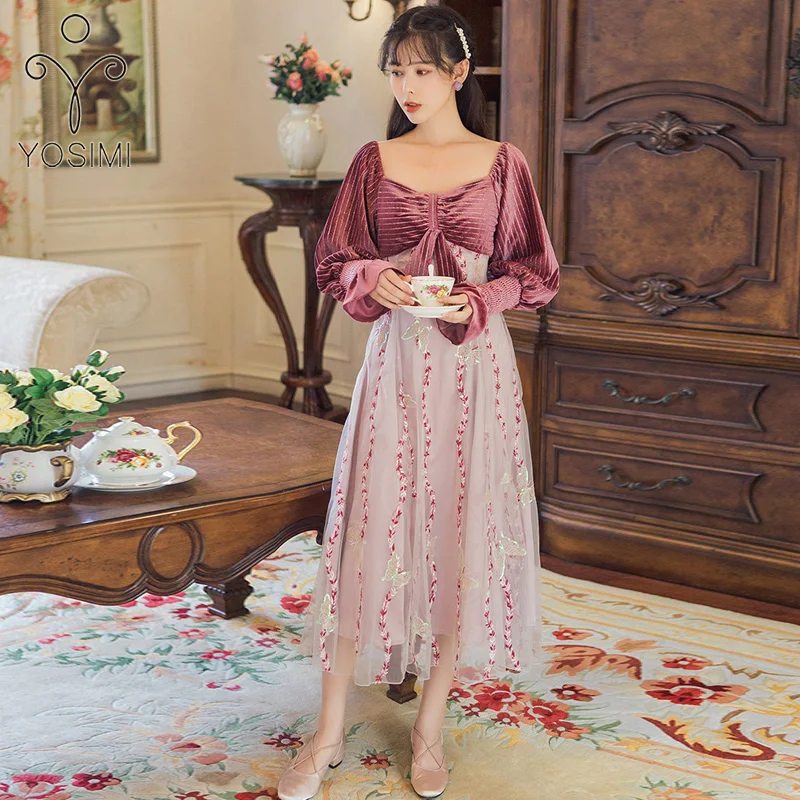 YOSIMI Maxi Chiffon Red Long Women Dress Bohemian V-neck Lantern Sleeve Full Sleeve Ankle-lenght Female Dress with Sashes