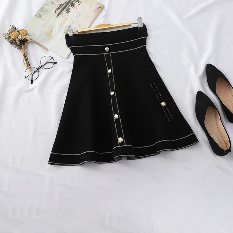Зимние вязаные юбки а силуэта женские с высокой талией на пуговицах Модные