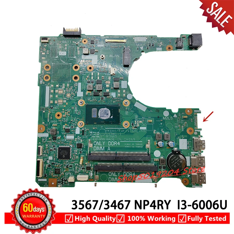 Mainboard para Dell Inspiron 3567 3467 Laptop Motherboard Sr2uw I3-6006u 15341-1 91n85 Cn-0np4ry 0np4ry Np4ry 15