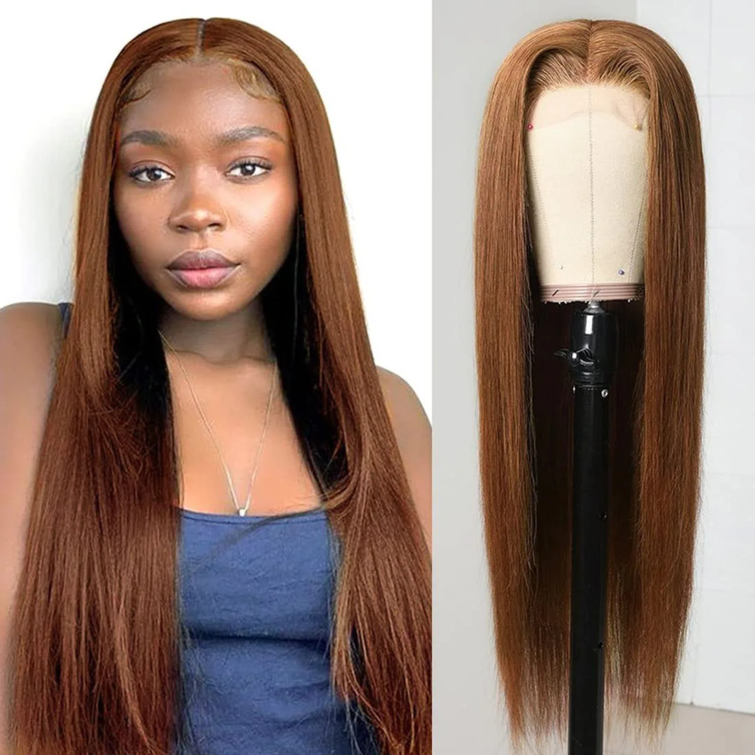 Парик из натуральных прямых каштановых волос плотность 250 T-образный парик #2 #4 |