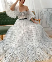 long ivory prom dress black dot tulle sweetheart off the shoulder formal dress cup blet tiered evening gown new side sleeves