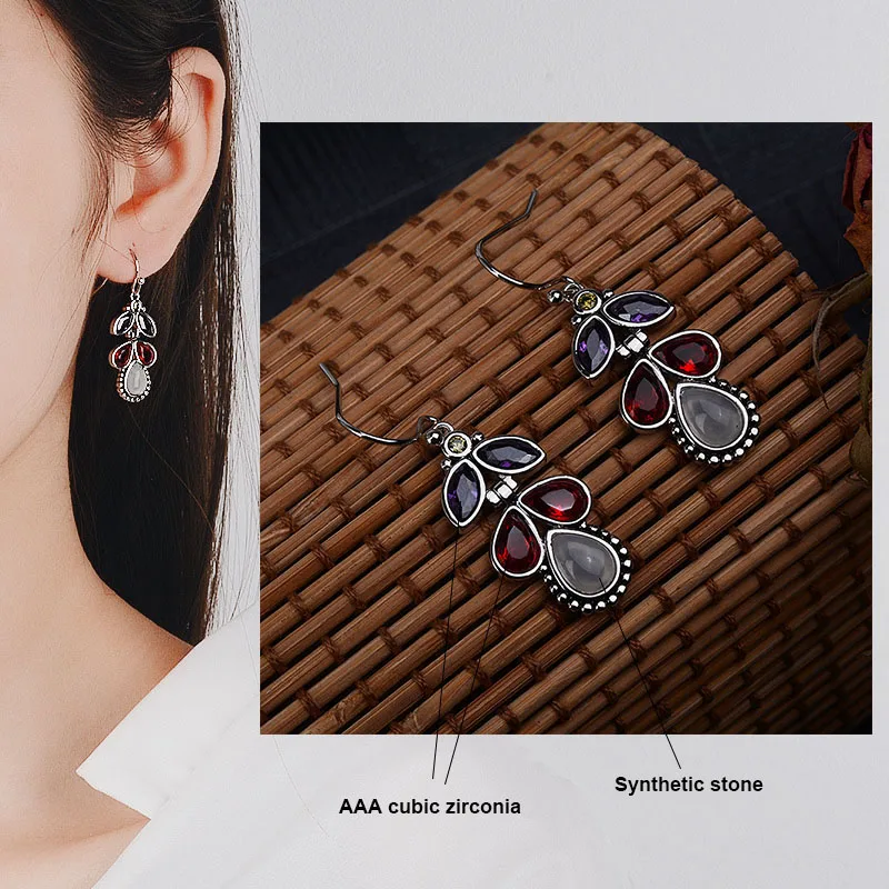 Boho винтажные женские маленькие висячие серьги с камнем в форме цветка, CZ серьги, этнические индийские украшения, античный серебряный цвет DBE046