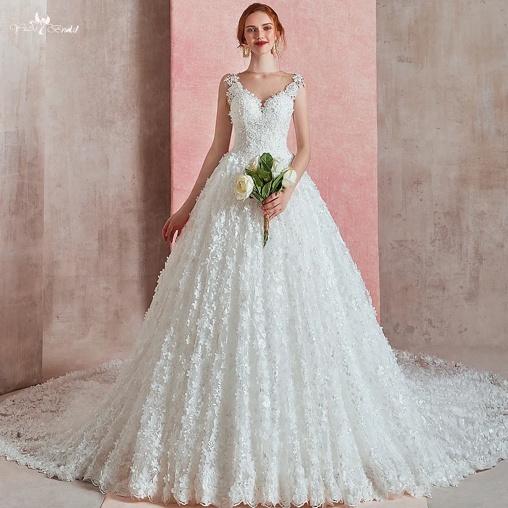 RSW1584 Vestido de Noiva без рукавов кружева 3D Цветы Пышная юбка Сексуальная Иллюзия спина свадебные платья и платья