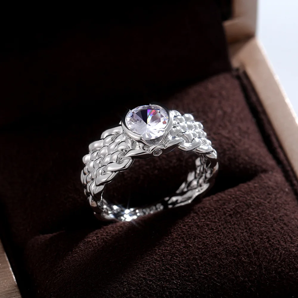 

Luxury Male Female White Crystal Stone Ring Charm Silver Color Wedding Rings For Women Men Trendy Round Zircon Engagement Ring