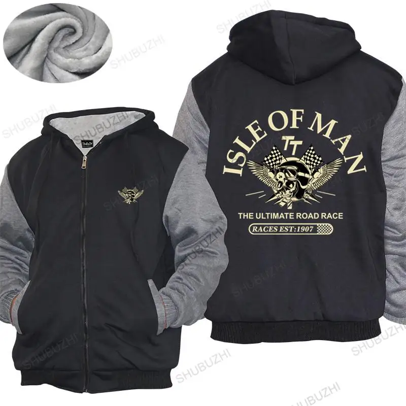 

Men Cotton hoodies winter Tops Isle of Man TT Races The Ultimate Road Race EST1907 Skull Helmet Homme shubuzhi thick hoody