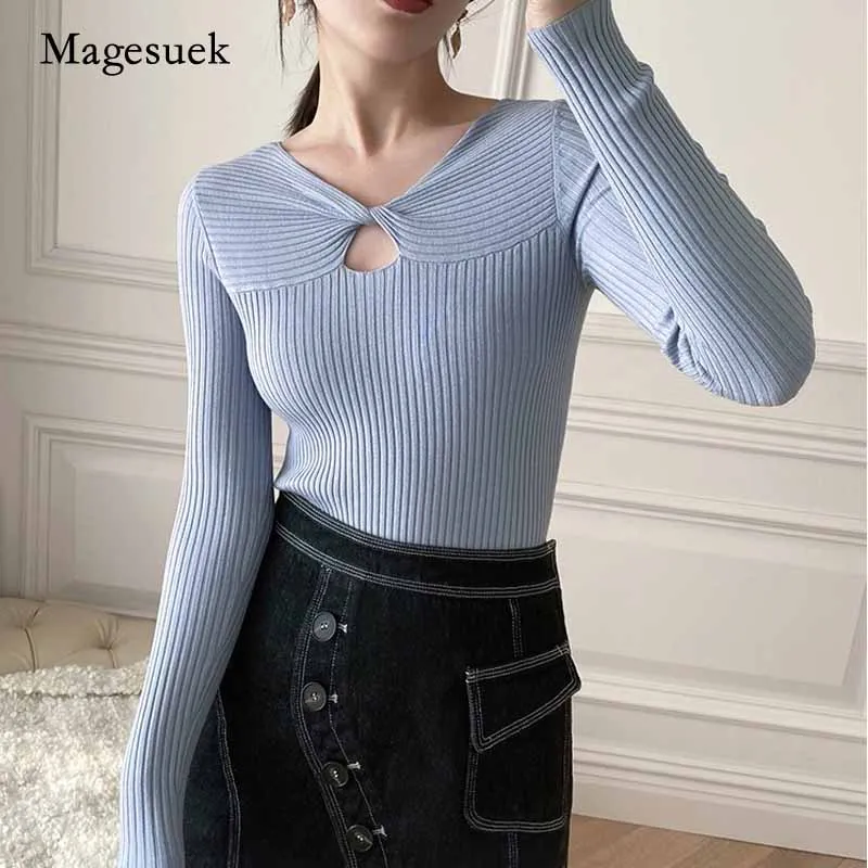 2021 Autumn and Winter Hollow Women's Knitwear Fashion Solid V-neck Pullover Women...