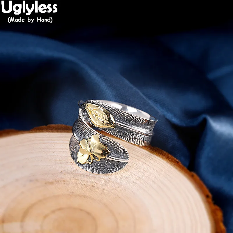 

Uglyless Ethnic Thai Silver Feather Open Rings for Women Lovely Butterfly Insects 925 Silver Rings Handmade Leaf Fine Jewelry