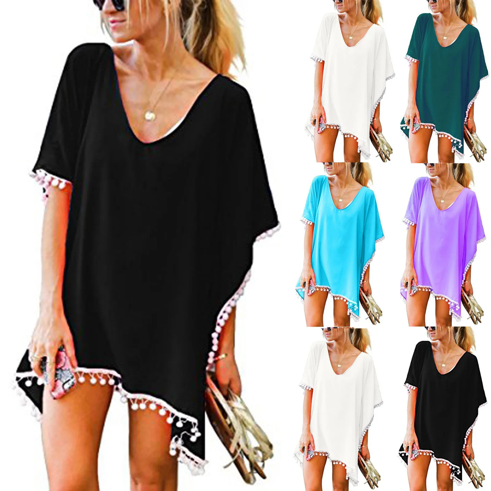 

Women's Bikini Cover Up Tops Trim Tassels Swimwear Beach Loose High Split Bikini Swimsuit Bathing Suit Cover Up Dress Swimsuit