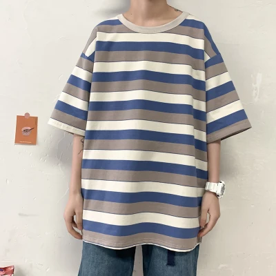 

han Men's Summer Striped Wild Short Sleeve T-shirt Couple Loose Casual Half Sleeve Top