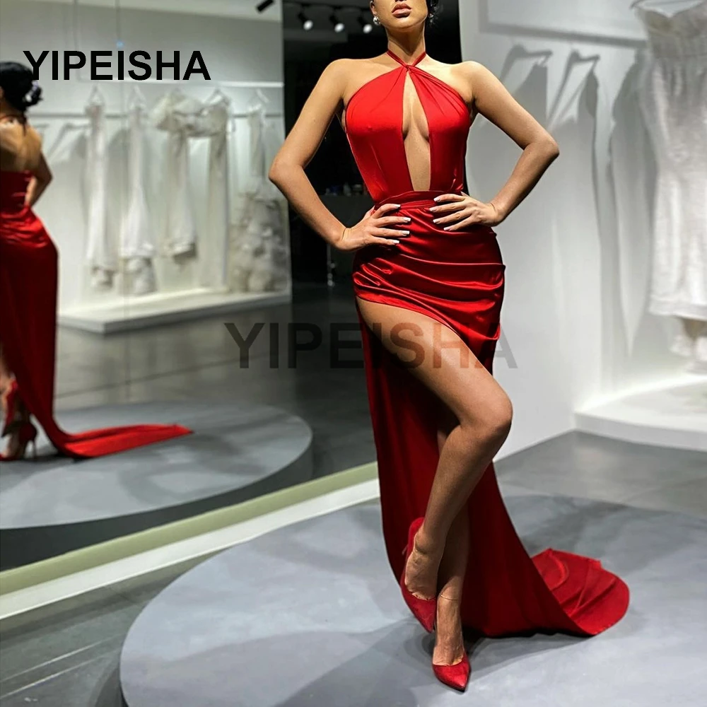 

Sexy Halter Sleeveless Evening Dress Backless Side High Slit Court Train Clubbing Party Gown robe de soirée de mariage