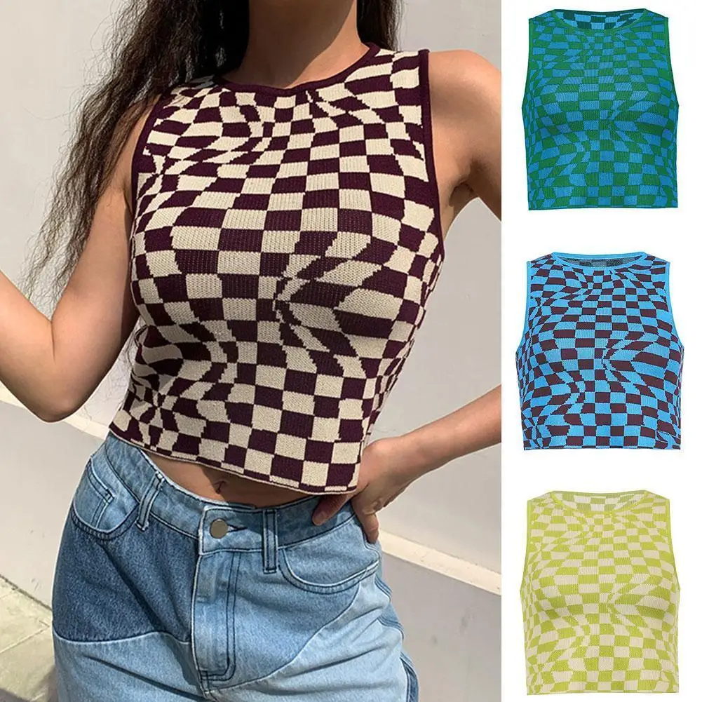 

Summer Plaid Printed Knitted Tank Tops Summer Y2K Harajuku Aesthetic Club Crop T-Shirts Streetwear Vintage Sexy Women Tops H1C3