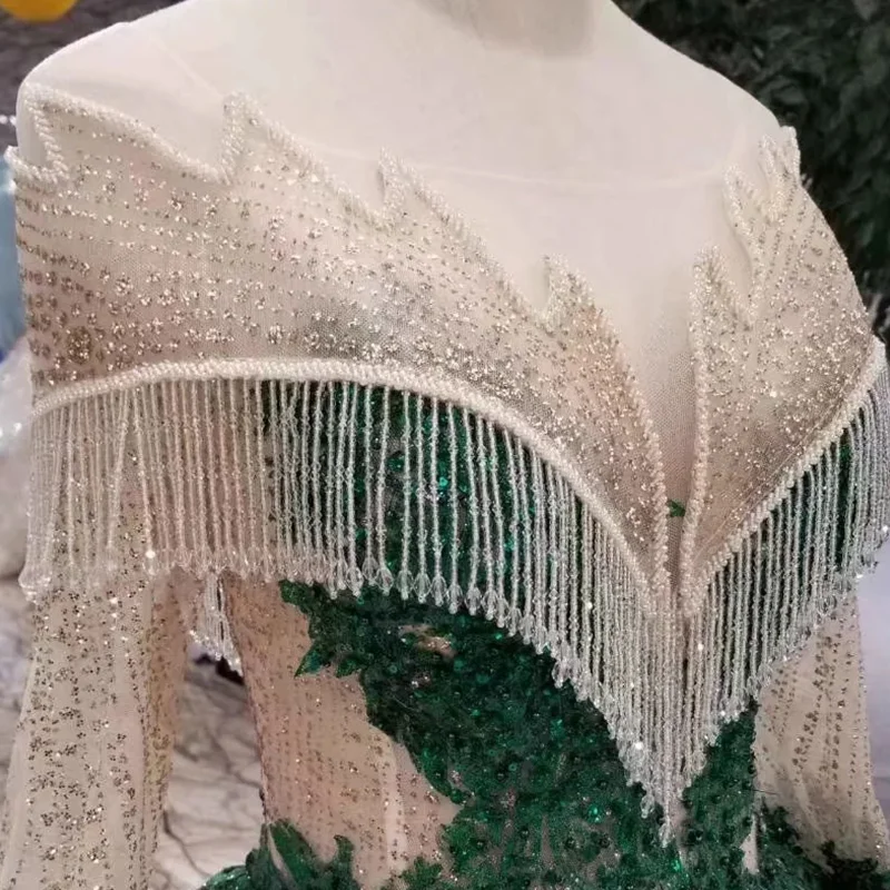 LS11252 ball gown evening dresses with green appliques special o-neck long sleeves dubai prom curve shape ladies | Свадьбы и