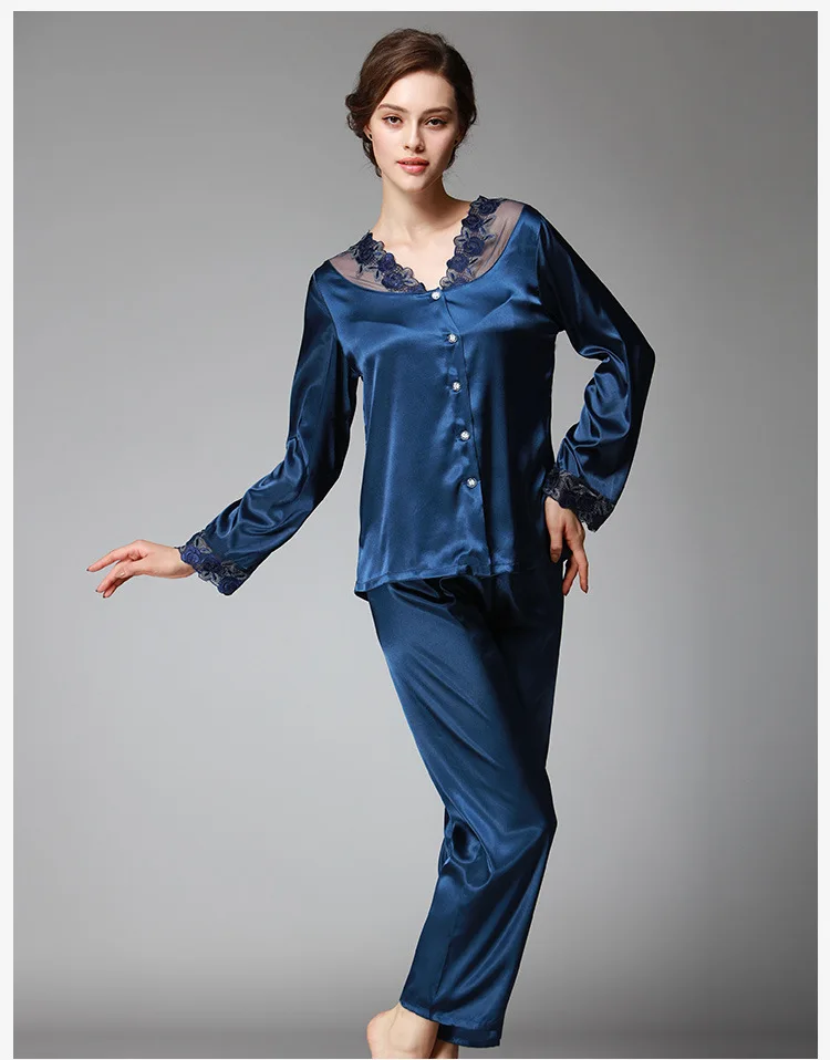 

Hot Selling Silk Pajamas Women's Spring Summer Casual Tracksuit Lace Pajamas Suit home clothes women pajamas set