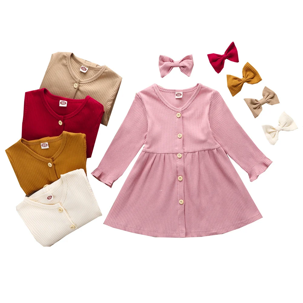 

Minimalist Style Kid Toddler Baby Girls Long Sleeve Ribbed Knitted Dress Solid Color High Waist Dress + Headwear Spring Fall