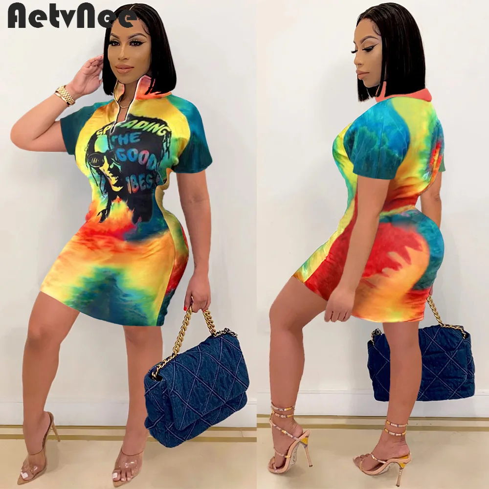 

Женское мини-платье на молнии AetvNee, облегающее платье с принтом граффити, отложным воротником и коротким рукавом, одежда для улицы, осень 2021