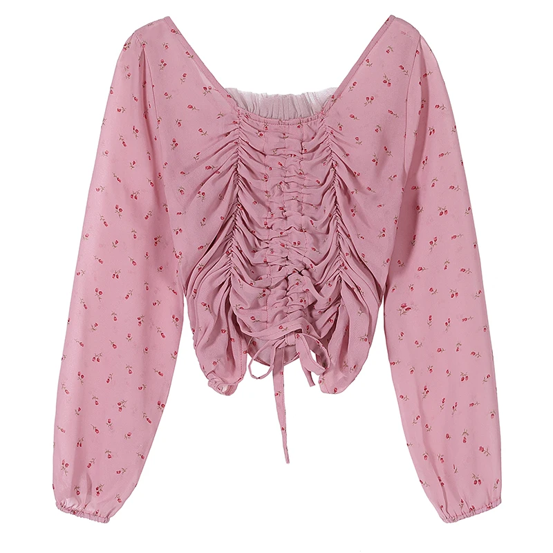 

New Design 2021 Fashion Long Sleeve Chiffon Shirt Spring Summer Blouse for Women Crop Tops Girls Sexy Sweet Fit Slim Shirt Pink