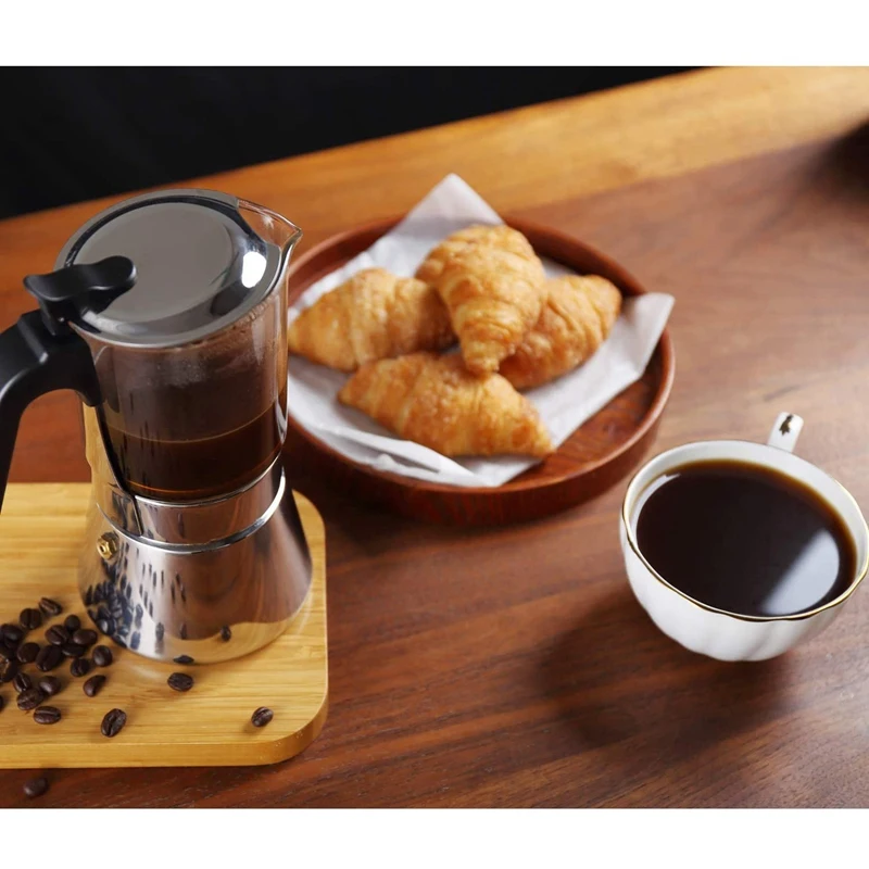 

Crystal Glass Top Stovetop Espresso Coffee Maker Moka Pot Kettle Stainless Steel Classic Italian Percolator