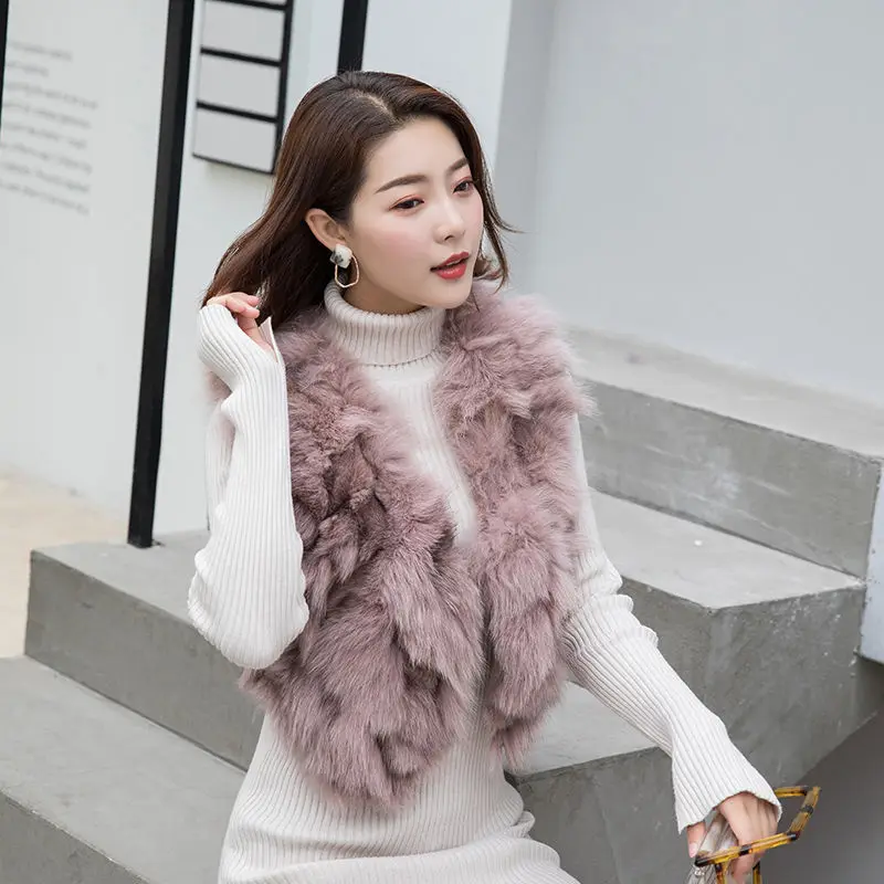 2021 Women Winter New Real Fox Fur Vest Jackets Female Short Genuine Fur Waistcoat Ladies V-neck Solid Sleeveless Coats U681