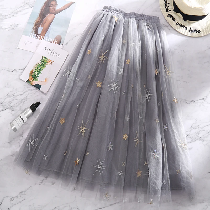 Плиссированная длинная сетчатая юбка с блестками и вышивкой звезд металлик