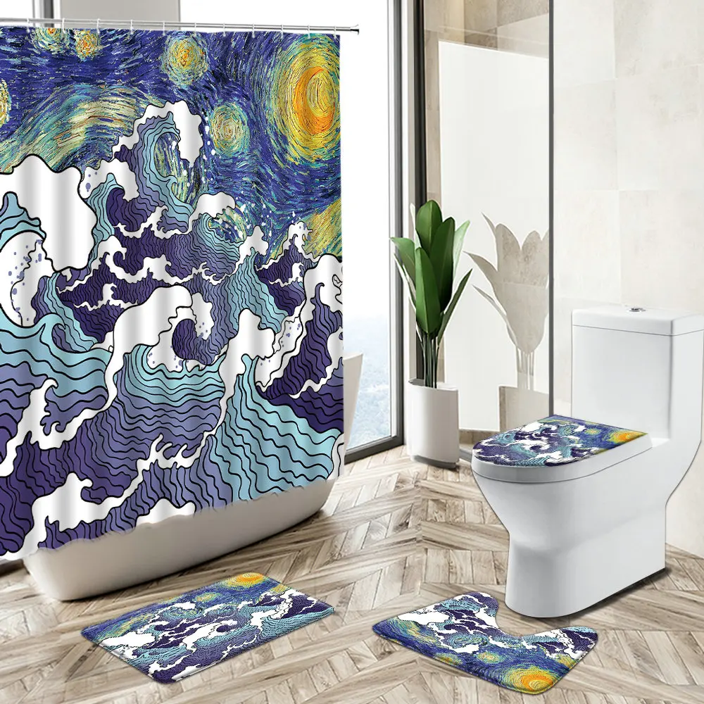 Offerte Tenda Da Doccia In Stile Giapponese Cartoon Blue Ocean Wave Design Home Antiscivolo Piedistallo Tappeto Copriwater Camera Da Letto Bagno Deco Set