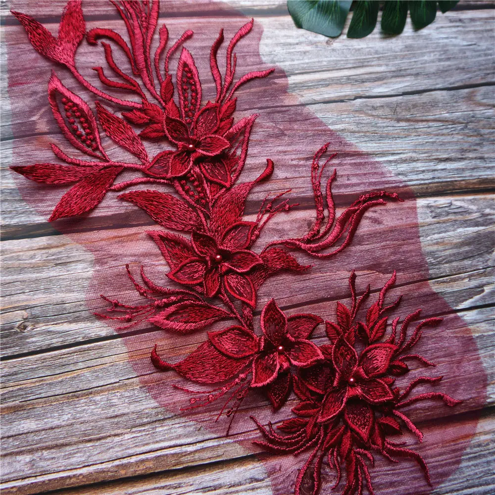 Винно красная 3D Цветочная кружевная ткань для платьев оторочка с аппликацией