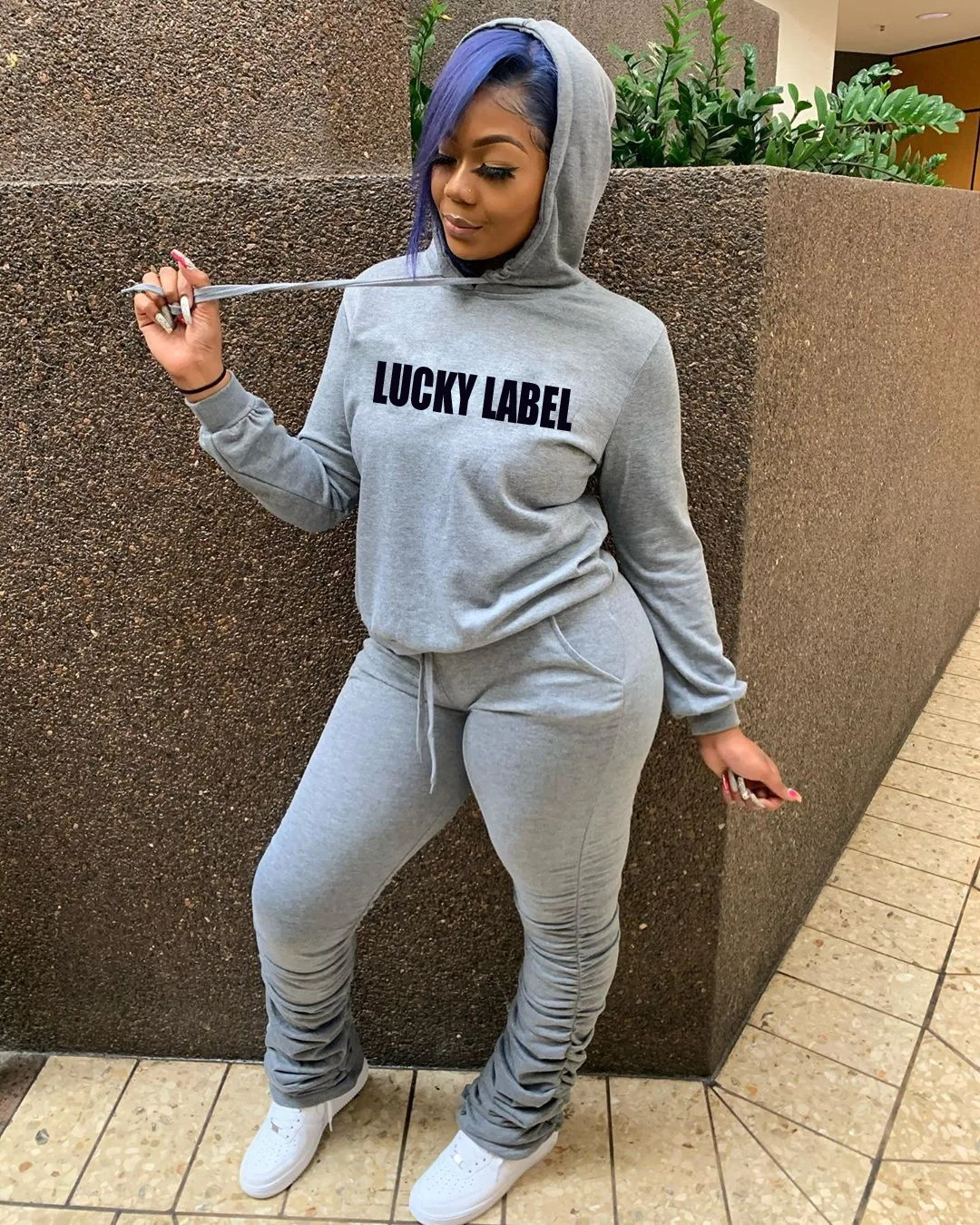 

Casual Hooded Letter Print Pleated Suit Fall Clothes for Women 2 Piece Set Women Crop Top Stacked Leggings Stacked Pants