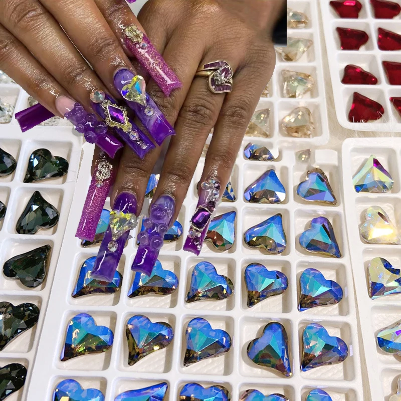 

10Pcs Crystal Heart Nail Rhinestones Mix Size Crooked-Peach-Heart Jewelry DIY Diamond K9 Glass Nail Art Stones Pointback Decor