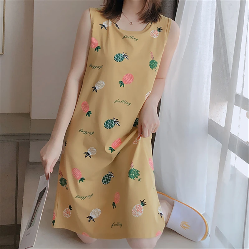 

Women Vest Nightdress Cute Fruit Printing Summer Sleeveless Sleepwear Pyjamas with Chest Pad Female Loose Casual Nightgown