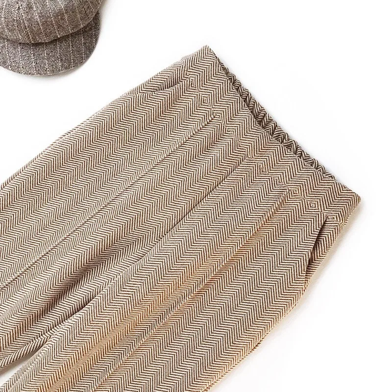 Осень Зима Новая женская одежда брюки корейский эластичный пояс полосатый хаки