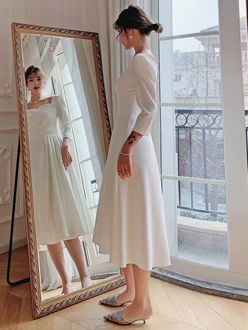 New ivory full sleeve mid calf sweat lady girl women princess  performance dance ball prom wedding bridal dress gown free ship