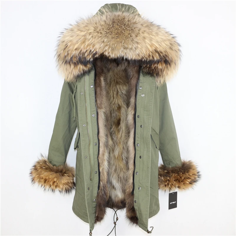 green natural DX Женская парка на натуральном меху OFTBUY, черное пальто с натуральным лисьим мехом, с капюшоном с отделкой из меха енота, толстая теплая уличная одежда, зима - Цвет: green natural DX