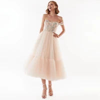 sevintage elegant sweetheart tulle midi prom dresses embroidery one shoulder tea length evening gown tiered formal party dress