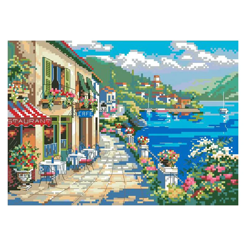 

Seaside Town Pattern Cross Stitch Kits Printed Fabric Embroidery Needlework Sets 11CT 14CT DIY Handmade Home Decoration Painting