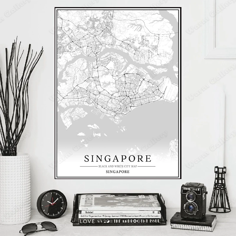 Черно-белая карта города Карта Сингапура плакат HD печать настенное искусство