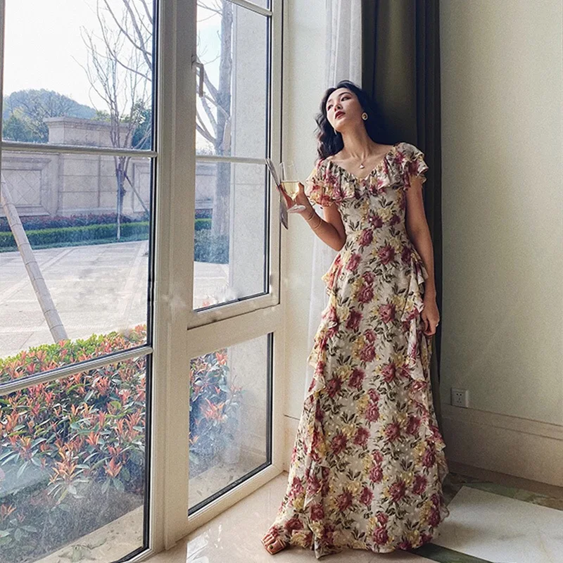 

French Elegant Vintage Dress Women Floral Floor-Length Beach Dress Sexy Wedding Party Long Dress Female Korea Style 2021 Summer