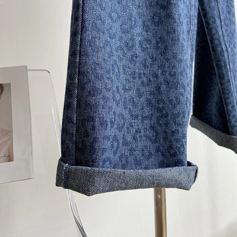 

Jeans Woman Vintage Leopard Print Wide Jeans Mujer High Waist Straight Pants Femme Pantalones Broek Spijkerbroeke