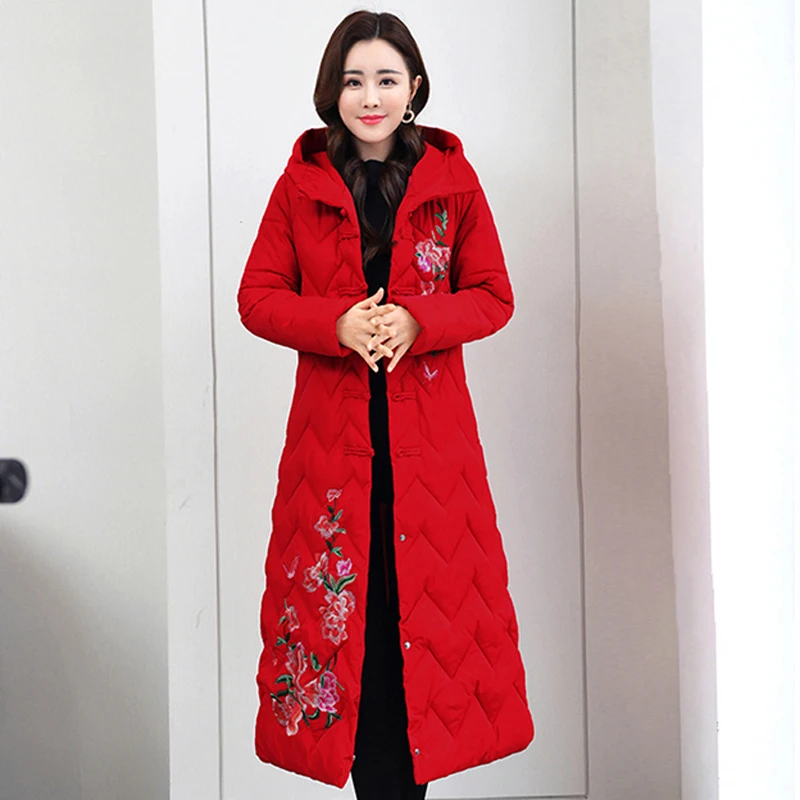Женская зимняя длинная парка с капюшоном и цветочной вышивкой однобортное